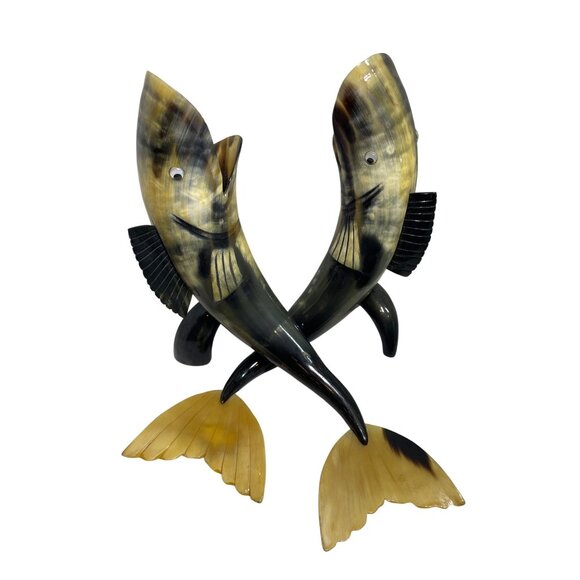 Large Hand-Carved Horn Fish Figurines Pair - Natural Polished Finish - Unique De - Picture 1 of 10